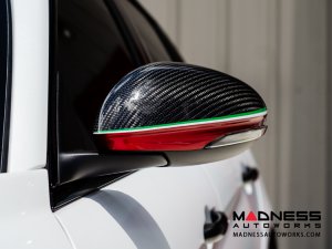 Alfa Romeo Giulia Mirror Covers - Carbon Fiber - Full Replacements - Red Stripe w/ QV Logo